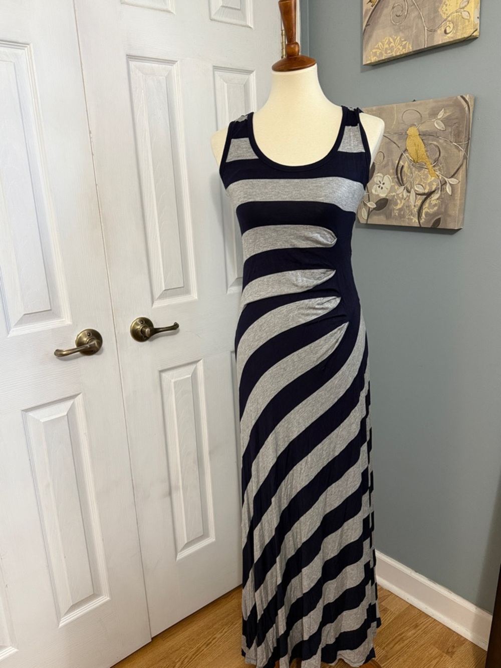 Calvin Klein size 10 Sleeveless Navy and Gray Striped Maxi Dress